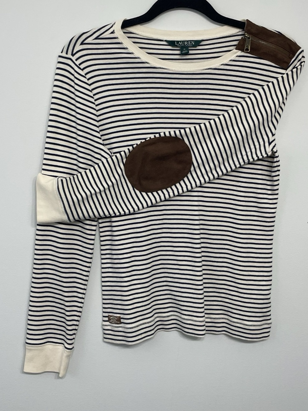Lauren Ralph Lauren Striped Elbow Patch Shoulder Zip Long-Sleeve Top Medium